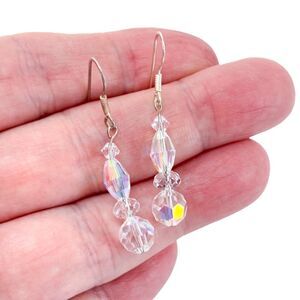 Vintage Sterling Silver 925 Iridescent Aurora Crystal Dangle Earrings